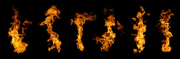 The set of fire and burning flame isolated on dark background for graphic design