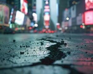 Obraz premium streets earthquake crack with the blur of city movement behind depicting urgency