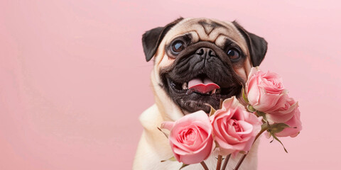 Brown pug dog funny smiling with pink roses bouquet flowers in paws on studio pink background. Copy...