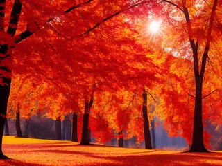 Foto op Canvas A colorful autumn landscape with trees displaying a range of vibrant red, orange, and yellow hues. © Best design template