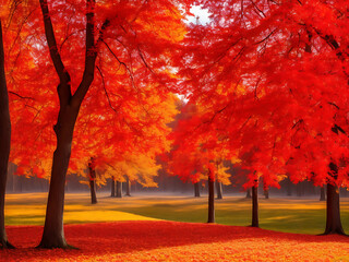 A colorful autumn landscape with trees displaying a range of vibrant red, orange, and yellow hues.
