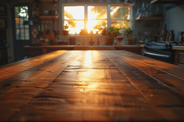 The wooden table inside the kitchen in the morning is lit by the sun in the window. AI Generated
