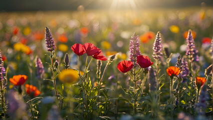 Flower field in sunlight, spring or summer garden background in closeup macro view or flowers meadow field in morning light