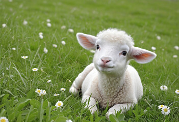 Naklejka na ściany i meble Illustration of Easter lamb cute animal in a meadow 