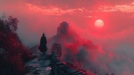 chinese warrior on the great wall of china - obrazy, fototapety, plakaty