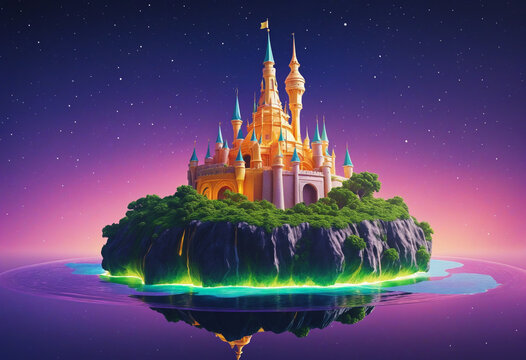 a fantasy castle glowing vibrantly atop a floating island, abstract shape isolated on a transparent background
