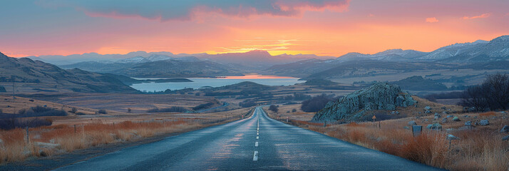 empty road with mountains and lake background at sunset ora sunrise, banner 