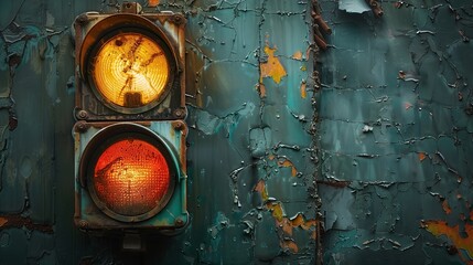 An old traffic light on a dark gray surface. The fire housing was crushed. - obrazy, fototapety, plakaty