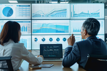 Asian business team sitting in a meeting Graphs on monitor board. Laptop. Modern office.