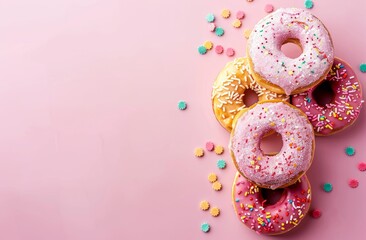 Donuts with colorful glaze and sprinkles on a pink background.  pink and yellow donuts on a white background