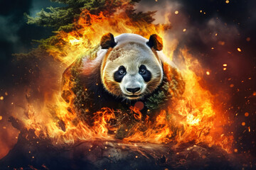 A large panda bear stands on hind legs in front of a raging forest fire, symbolizing the struggle...