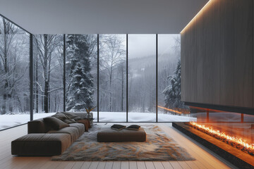 Cozy and comfortable minimalist living room, by the floor-to-ceiling window.