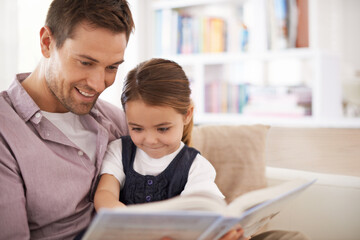 Fototapeta na wymiar Dad, kid and reading book for storytelling, happy with bonding at home and knowledge for education. Man, young girl and story time for fantasy and learning with love and care together in lounge