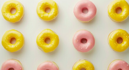 Donuts with colorful glaze and sprinkles on a pink background.  pink and yellow donuts on a white background