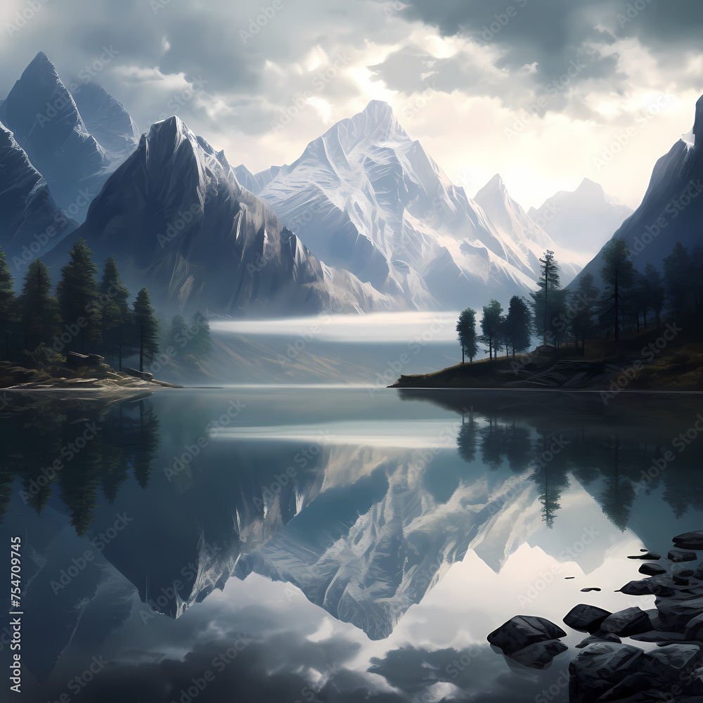 Canvas Prints A serene lake with a reflection of mountains.