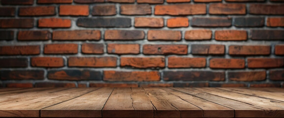The table's wooden surface is empty behind a brick wall