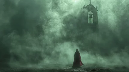 Fotobehang nun in the fog near the church © Aliaksei