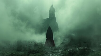 nun in the fog near the church