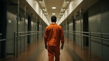 male prisoner in an orange jumpsuit walking down a prison hallway