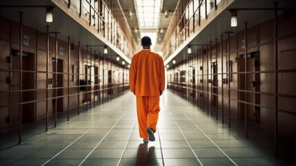 male prisoner in an orange jumpsuit walking down a prison hallway