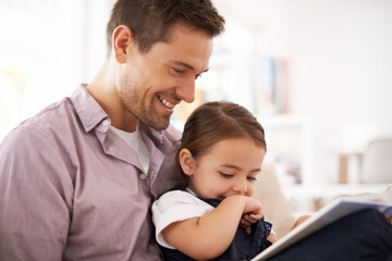 Fototapeta premium Father, child with book for reading and storytelling, happy with bonding at home and knowledge for education. Man, young girl and story time for fantasy and learn, love and care together in lounge