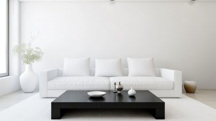 Fototapeta na wymiar Minimalist Living Room with White Sofa and Black Coffee Table