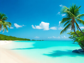 tropical paradise with palm trees, white sandy beaches, and turquoise ocean waters.