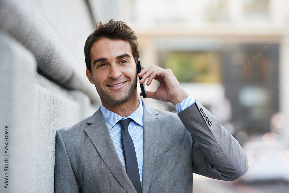Poster lawyer, outdoor and man with phone call in city to client with networking communication and contact.