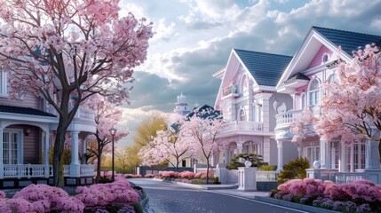 suburban houses with spring blooms. Luxury homes set in a stunning white and pink environment,Beautiful home exterior with green grass and blossoming sakura trees in spring season
 - Powered by Adobe