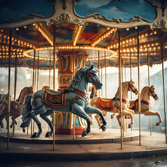 A vintage carousel in motion.