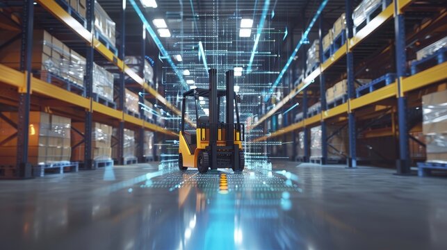 Forklift doing storage in warehouse by artificial intelligence automation