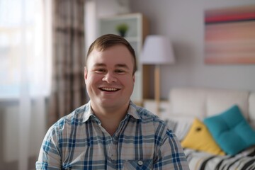 Radiant Smile in a Cozy Room: A Moment of Joy man with Down syndrome - obrazy, fototapety, plakaty