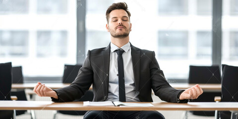 Businessman meditate and does yoga on desk at startup, office or workplace for digital marketing. Happy worker man, relax and sitting on table for zen mindfulness in workplace at social media company