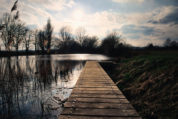 Fototapeta premium Sunset over the Lake - Landscape - Beautiful - Sunrise over Sea - Colorful - Reed - Clouds - Sky - Sundown - Sun