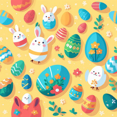 Colorful Easter Pattern Cute Bunnies and Decorative Eggs on Yellow Background