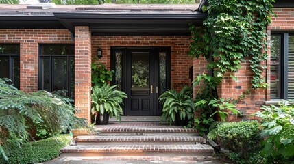 The brick house has a front door,Plants, bushes and trees in front of wooden door of red brick...
