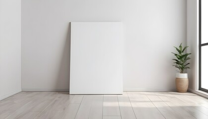 Fototapeta na wymiar blank art canvas mockup on the laminate floor against the white wall. AI generated 
