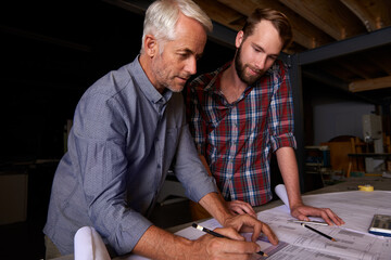 Boss, employee or draw to design, architecture or business for teamwork, blueprint or project. Mature man, architect and paper for planning, collaboration and working for professional and expert