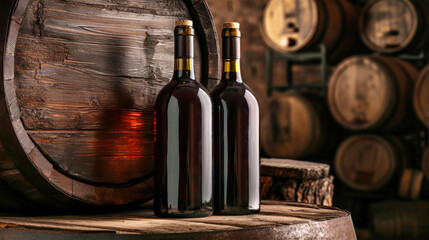 Three Bottles of Wine Sitting on Top of a Barrel