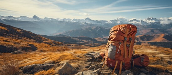 view of hiking backpack with mattress in mountains - obrazy, fototapety, plakaty