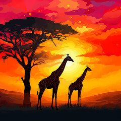 Fototapeta na wymiar Silhouettes of giraffes against a colorful sunset. 