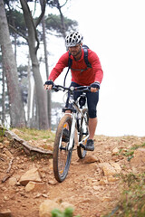 Man, bicycle and cycling on dirt road for extreme sports, fitness or cardio exercise in nature. Male person, athlete or cyclist riding bike on rocky path, trail or slope for outdoor workout on mockup