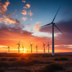 Silhouettes of wind turbines on a sunset horizon.