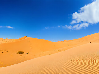 A panoramic shot of a vast desert with towering sand dunes and a clear blue sky.