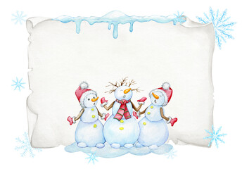 Funny snowmen on the background of a parchment banner and snowflakes. Watercolor clipart of a festive New Year's card.