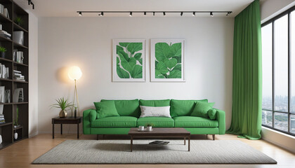 Green colour interior room with green color fabric sofa couch mock up interior house design concept front view perspective