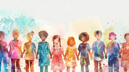 A Watercolor Painting of a Diverse Group of Children Holding Hands