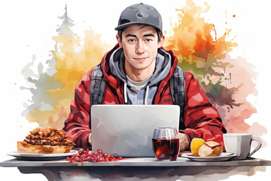 Young male freelancer sitting at table with laptop, working on computer, watercolor illustration