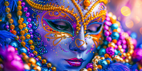 Festive Venetian Mask Amidst Vivid Bokeh Lights.