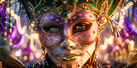 Vibrant Venetian Carnival Mask and Bokeh Lights.